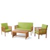 Outdoor Acacia Wood Sofa Set with Water Resistant Cushions, 4-Pcs Set, Brown Patina / Light Green