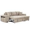 104" Modern L-Shape 3 Seat Reversible Sectional Couch, Pull Out Sleeper Sofa with Storage Chaise and 2 Stools for Living Room Furniture Set, Cream