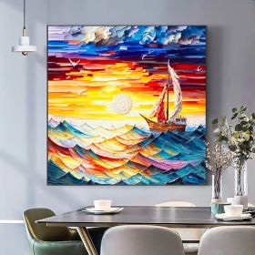 Handmade Oil Painting Original Nautical Oil Painting On Canvas Large Wall Art Abstract Colorful Sailboat Painting Sunset Ocean Painting Living Room Wa (style: 1, size: 60x60cm)