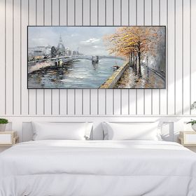 Hand Painted Oil Painting Large Original Oil Painting on Canvas Abstract Art Boho Wall Decor Lake Trees Landscape Bridge Nature Living Room Painting L (style: 1, size: 40x80cm)