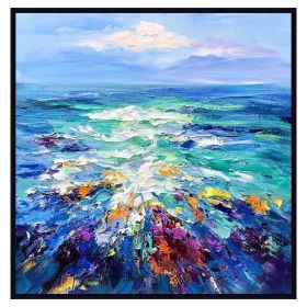 Modern Artist Painted Abstract Dark Blue Sea Oil Painting On Canvas Wall Art Frameless Picture Decor For Living Room Home Gift (size: 90x90cm)