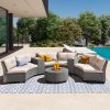 [VIDEO provided] 6 - Person Fan-shaped Rattan Suit Combination with Cushions and Table; Suitable for Garden