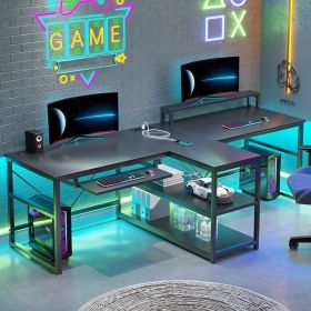 94.5" Home Office Desks, Computer Gaming Desk with Storage, LED Lights, Power Strip with USB, Long Desk for 2 Person (Color: Black)