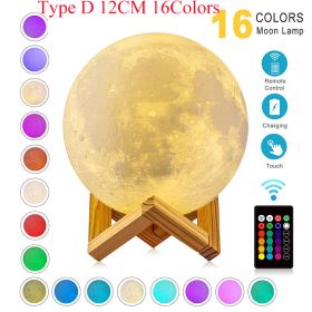 T30 Levitating Moon Lamp Night Light Floating 3D Printing LED Moon Lamp with Wooden Base and Magnetic with 3 Colors (Emitting Color: Type D 12CM 16Colors)