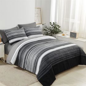 5 Piece Bed in A Bag Stripe Comforter Set Twin Size, White Grey Blue Striped Comforter and Sheet Set (Color: Grey, size: King(7 Piece Set))