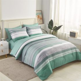 5 Piece Bed in A Bag Stripe Comforter Set Twin Size, White Grey Blue Striped Comforter and Sheet Set (Color: Sage Green, size: Queen(7 Piece Set))