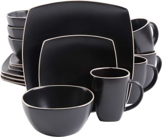 Square Reactive Glaze Stoneware Dinnerware Set, Service for 4 (16pcs) Dinner Plates , Dishes and Plates Sets (Plate Size: Service For4(16pcs), Color: Matte Black)