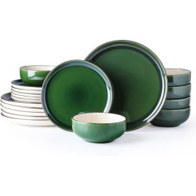 Ceramic Dinnerware Sets for 6, 18-Piece Stoneware Plates and Bowls Sets, Amber Yellow Chip and Scratch Resistant Dishes (Plate Size: Service For 6(18pcs), Color: White-Emerald Green)