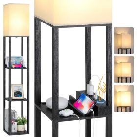 Touch Control Shelf LED Floor Lamp with Shelves, Charging USB, Type C Port and Power Outlet, Dimmable Standing Lamp (Lampshade Color: Black)