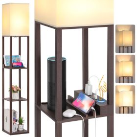 Touch Control Shelf LED Floor Lamp with Shelves, Charging USB, Type C Port and Power Outlet, Dimmable Standing Lamp (Lampshade Color: Brown)