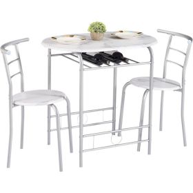 3 Piece Small Round Dining Table Set for Kitchen Breakfast Nook, Wood Grain Tabletop with Wine Storage Rack, Save Space, 31.5" (Color: White   Silver)