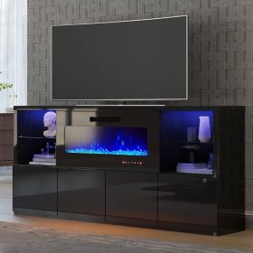 68'' Fireplace TV Stand with 40'' Fireplace, Modern High Gloss Fireplace Entertainment Center with LED Lights for TVs up to 78'' (Color: Black-68)