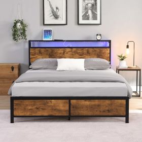 Queen/Full Size Industrial Bed Frame Noise Free with LED Lights&2 USB Ports&Storage No Box Spring Needed Rustic Brown[US-W] (Color: Rustic Brown, size: QUEEN)