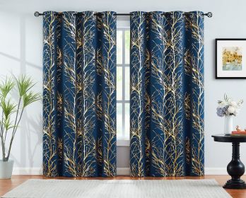 Metallic Tree Blackout Curtains Bedroom Length Living-Room Branch Print Curtain Panels Triple Weave Thermal Insulated Drapes (Color: Gold  Navy Blue, size: 50 W x 84 L 2pcs)