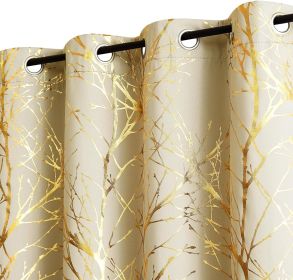 Metallic Tree Blackout Curtains Bedroom Length Living-Room Branch Print Curtain Panels Triple Weave Thermal Insulated Drapes (Color: Gold  Ivory, size: 50 W x 84 L 2pcs)