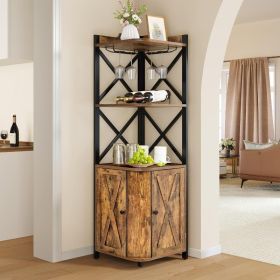 Corner Bar Cabinet with Glass & Wine Holder, Industrial Corner Shelf with Wine Storage, 5-Tiers Liquor Cabinet Bar (Color: Rustic Brown)