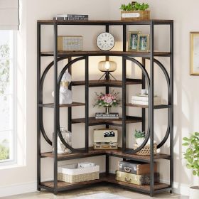 7-Shelf Corner Bookshelf, Large Modern Corner Bookcase, Tall L-Shaped Corner Shelf Stand Display Rack with Storage, Metal Frame (Color: Brown)