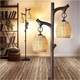 High Rustic Industrial Farmhouse Standing Floor Lamp with Lantern.Tree Trunk Column Lamp Body,Bronze Wood Finish.Decor (Lampshade Color: Dark Bronze)