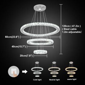 Modern Crystal Chandelier Dining Room Decor Pendant Hanging Light Fixtures For Living Room Ceiling Lamp Lustre Home Decoration (Emitting Color: Cold White, Lampshade Color: 20x40x60cm 3rings)