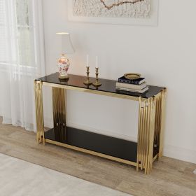 Modern Glass Console Table, 55" Gold Sofa Table with Sturdy Metal Frame and Black Tempered Glass Top, for Living Room Entryway Bedroom, Gold Finish (Color: as Pic)