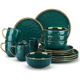 Black and Gold Dishes Sets, Stoneware Dinnerware Sets for 4, 16 Piece Plates and Bowls Sets, Handmade Dinnerware with Gold Trim (Color: Blackish Green and G)