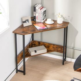 Triangle Computer Corner Desk with Charging Station (Color: Rustic Brown)