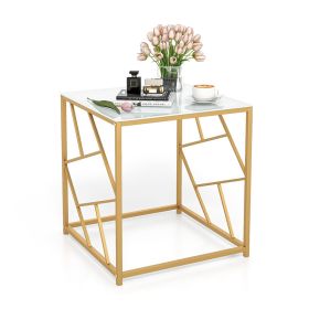 Household Decor Square End Table with Tempered Glass Tabletop (Color: White & Gold, Type: 1 pcs)