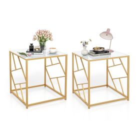 Household Decor Square End Table with Tempered Glass Tabletop (Color: White & Gold, Type: 2 pcs)