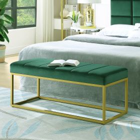 Modern Tufted Channel Entryway Bench Emerald Velvet Upholstered End of Bed Bench with Metal Frame,Footboard Bench for Living Room, Bedroom (Color: as Pic)