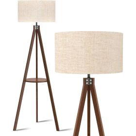 Tripod Floor Lamp, Mid Century Wood Standing Lamp, Modern Design Shelf Floor Lamp for Living Room, Bedroom, Office (Lampshade Color: Dark Brown Holder)