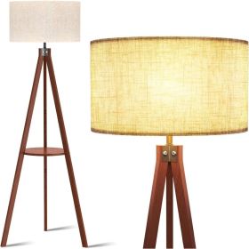 Tripod Floor Lamp, Mid Century Wood Standing Lamp, Modern Design Shelf Floor Lamp for Living Room, Bedroom, Office (Lampshade Color: Walnut Holder)