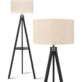 Tripod Floor Lamp, Mid Century Wood Standing Lamp, Modern Design Shelf Floor Lamp for Living Room, Bedroom, Office (Lampshade Color: Black Holder)