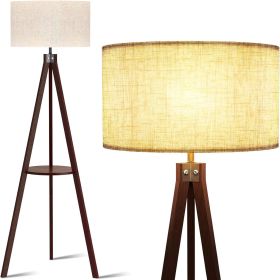 Tripod Floor Lamp, Mid Century Wood Standing Lamp, Modern Design Shelf Floor Lamp for Living Room, Bedroom, Office (Lampshade Color: Brown Holder)