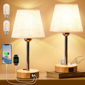 Bedside Table Lamps Set of 2 -LED Bulbs Included, Touch Control Lamp with USB C+A Charging Ports & AC Outlet, 3-Way Dimmable (Lampshade Color: Cream)