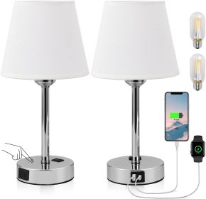 Bedside Table Lamps Set of 2 -LED Bulbs Included, Touch Control Lamp with USB C+A Charging Ports & AC Outlet, 3-Way Dimmable (Lampshade Color: WHITE)