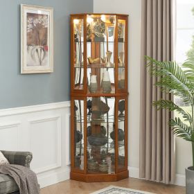 6 Shelf Corner Curio Display Cabinet with Lights, Mirrors and Adjustable Shelves, (E26 light bulb not included) (Color: Oak)