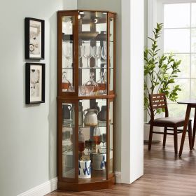 6 Shelf Corner Curio Display Cabinet with Lights, Mirrors and Adjustable Shelves, (E26 light bulb not included) (Color: Walnut)