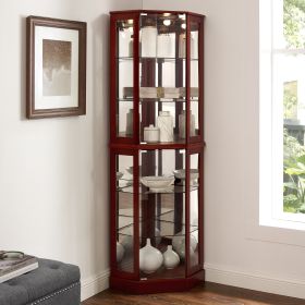 6 Shelf Corner Curio Display Cabinet with Lights, Mirrors and Adjustable Shelves, (E26 light bulb not included) (Color: Cherry)